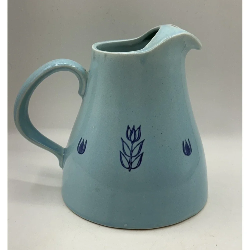 Vintage USA Ceramic Ice Lip Pitcher Light Blue with Dark Blue Tulips Stoneware